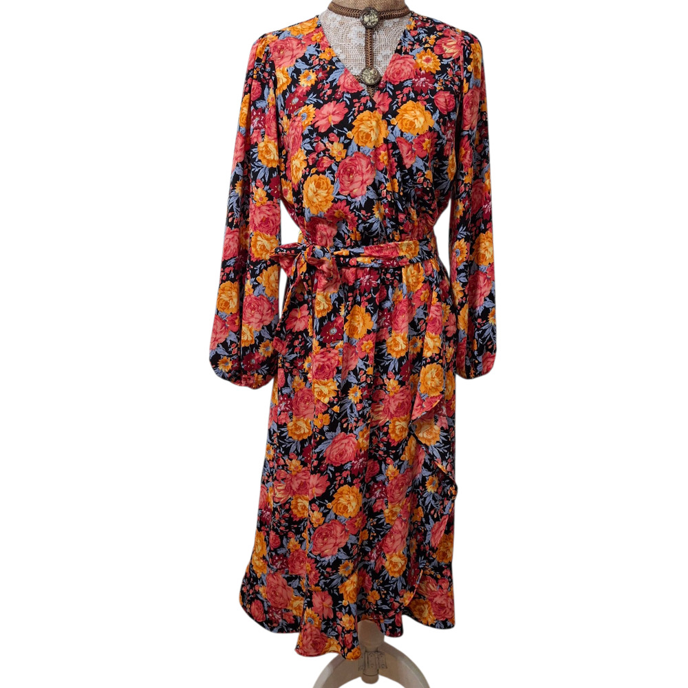 LC Lauren Conrad‎ Navy Orange Floral Balloon Sleeve Dress M